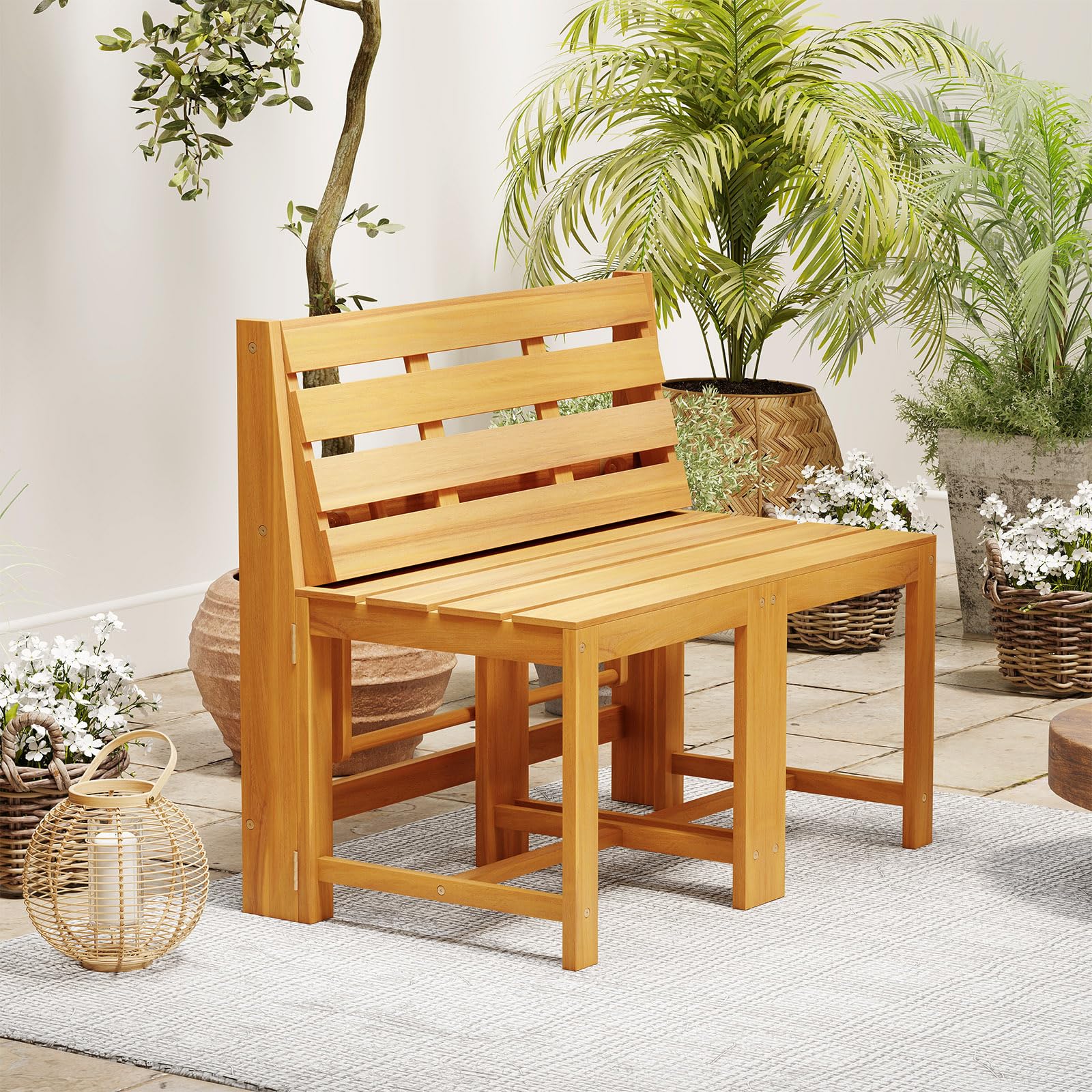 GOPLUS Salon de Jardin Extérieur 3 en 1 Banc Convertible Acacia Pliant 2 Personnes FSC Naturel