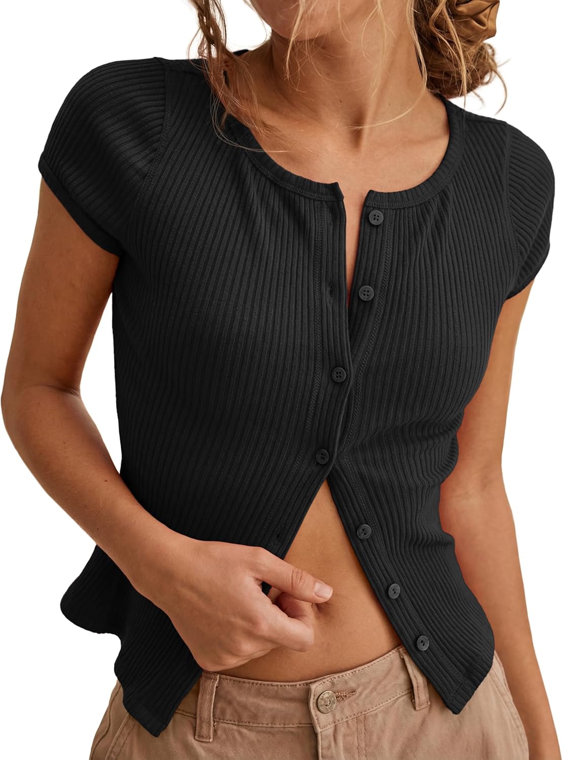 Womens Short Sleeve Shirts Casual Summer Ribbed Knit Tshirts Fitted Button Up Tops,Black,S
