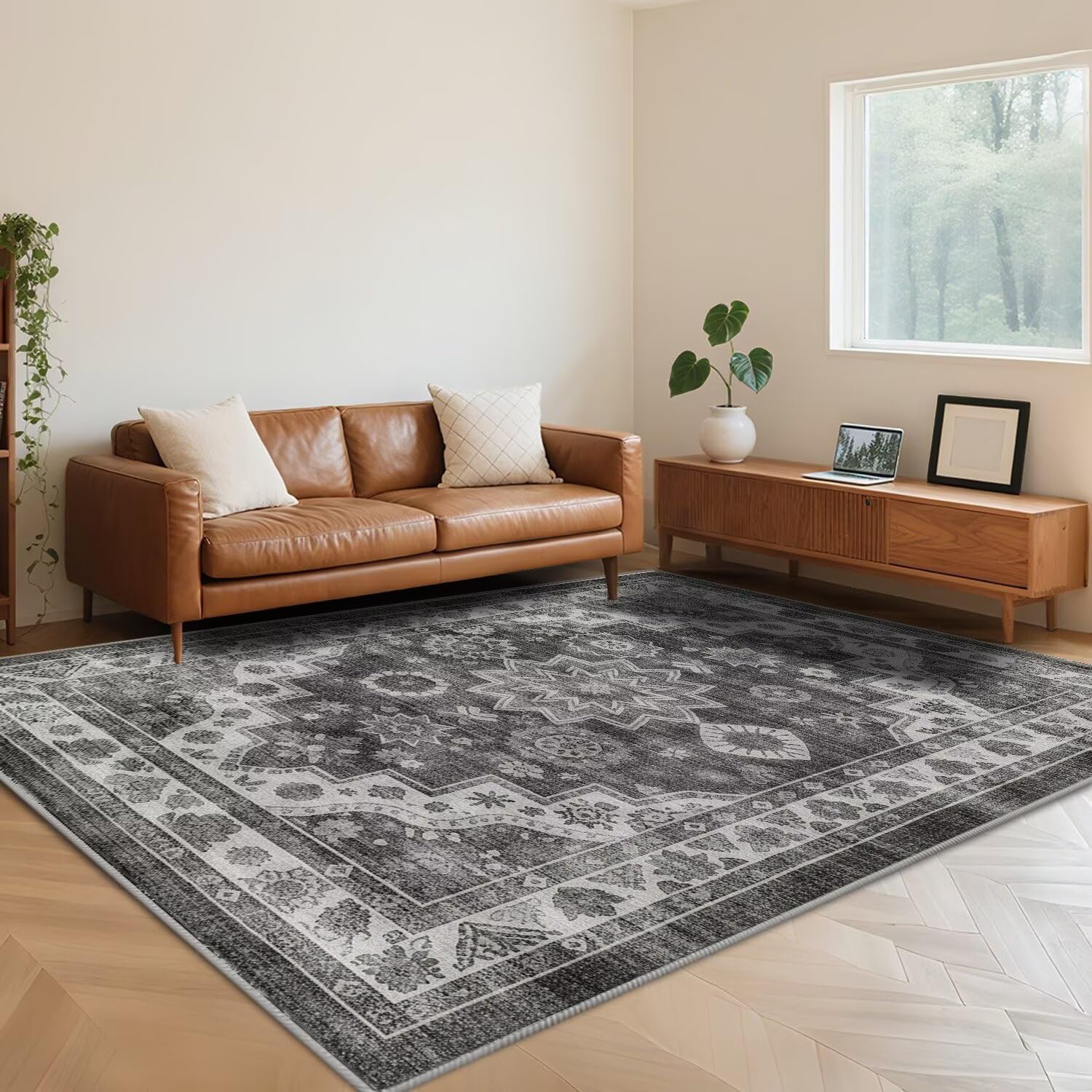 Tapis à poils courts lavable gris foncé 130x190 cm pour salon et chambre