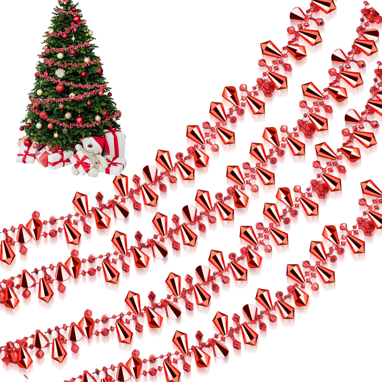 Aoriher Lot de 4 rouleaux de guirlandes de Noël transparentes de 25,4 m avec perles en acrylique et perles torsadées à suspendre pour fête de Noël (rouge)