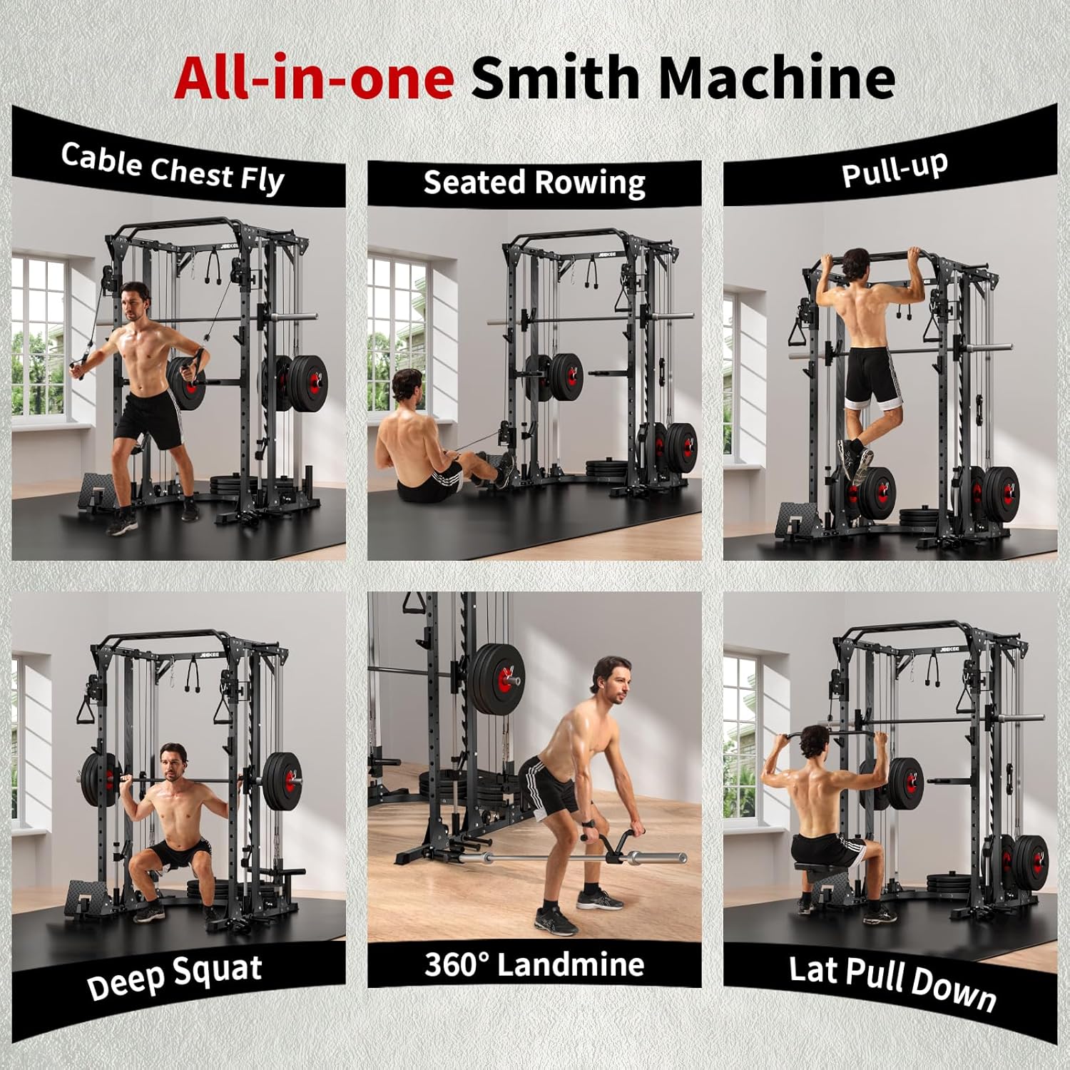 JEEKEE Power Cage with Cable Crossover System, 2000LB Multi-Function Power Rack with Independent Dual Pulleys, LAT Pulldown Seat Cushion, 20+ Attachments Squat Rack for Home Gym Workout