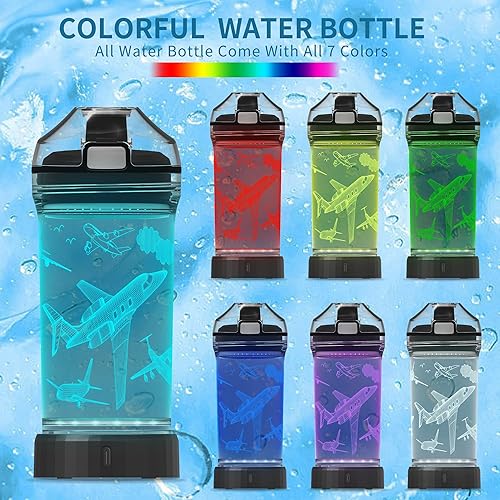 Miniatura 2 de Botella de agua para niños, taza deportiva iluminada con temática de avión con luz LED 3D brillante para avión, 14 onzas Tritan sin BPA, regalos