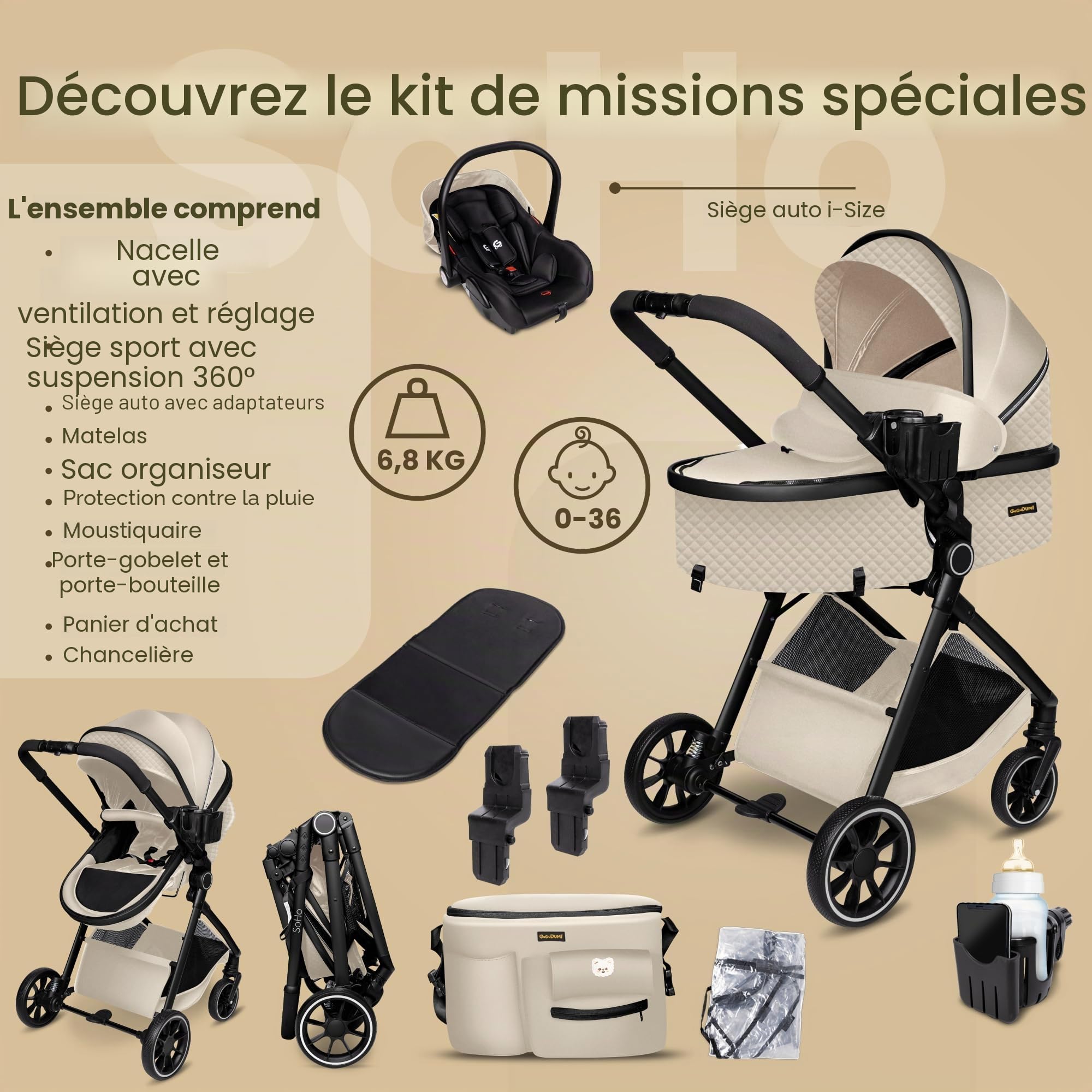 GaGaDumi SoHo poussette combinée 3-en-1 avec siège auto i-Size, certifiée TÜV, nacelle, poussette, ultra légère (env. 7 kg), habillage pluie, moustiquaire, sac à langer, panier et porte-gobelet