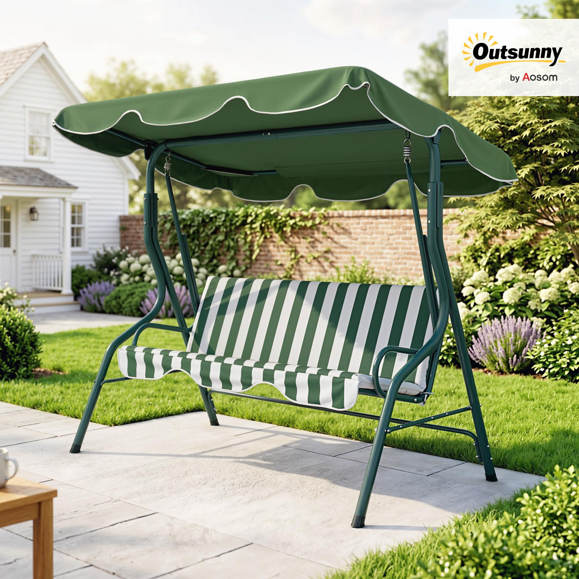 Outsunny Dondolo da Giardino 3 Posti con Tettuccio Parasole Regolabile Rimovibile, Dondolo da Esterno con Cuscino Morbido in Poliestere, Portata 240 kg, 170x110x153 cm, Verde e Bianco