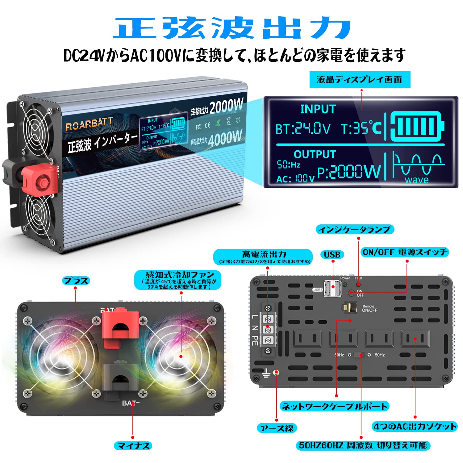 Amazon.co.jp: ROARBATT 24V 2000W インバーター 正弦波 瞬間最大4000W 