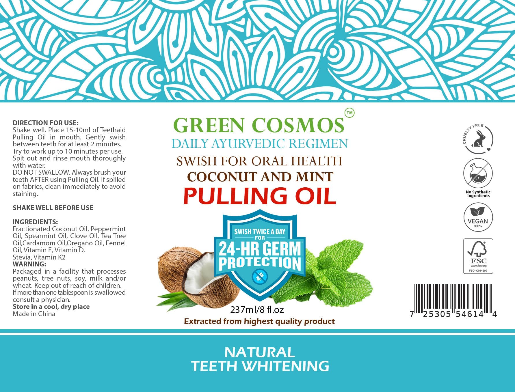Coconut Mint Pulling Oil Mouthwash, 237ml Natural Teeth Whitening, Ayurvedic Daily Swish for Oral Health Alcohol & Fluoride Free, Healthy Gums, Fresh Breath, Solution for Bad Breath