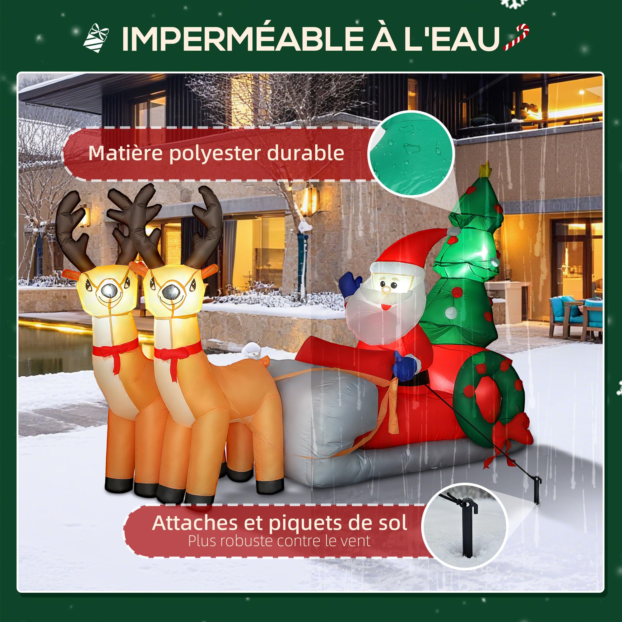 Outsunny Père Noël Gonflable de 2,1 m sur traîneau avec Deux Rennes | Décoration de Noël Gonflable, Lumières LED Intégrées, pour Jardin, Décoration Intérieure et Extérieure