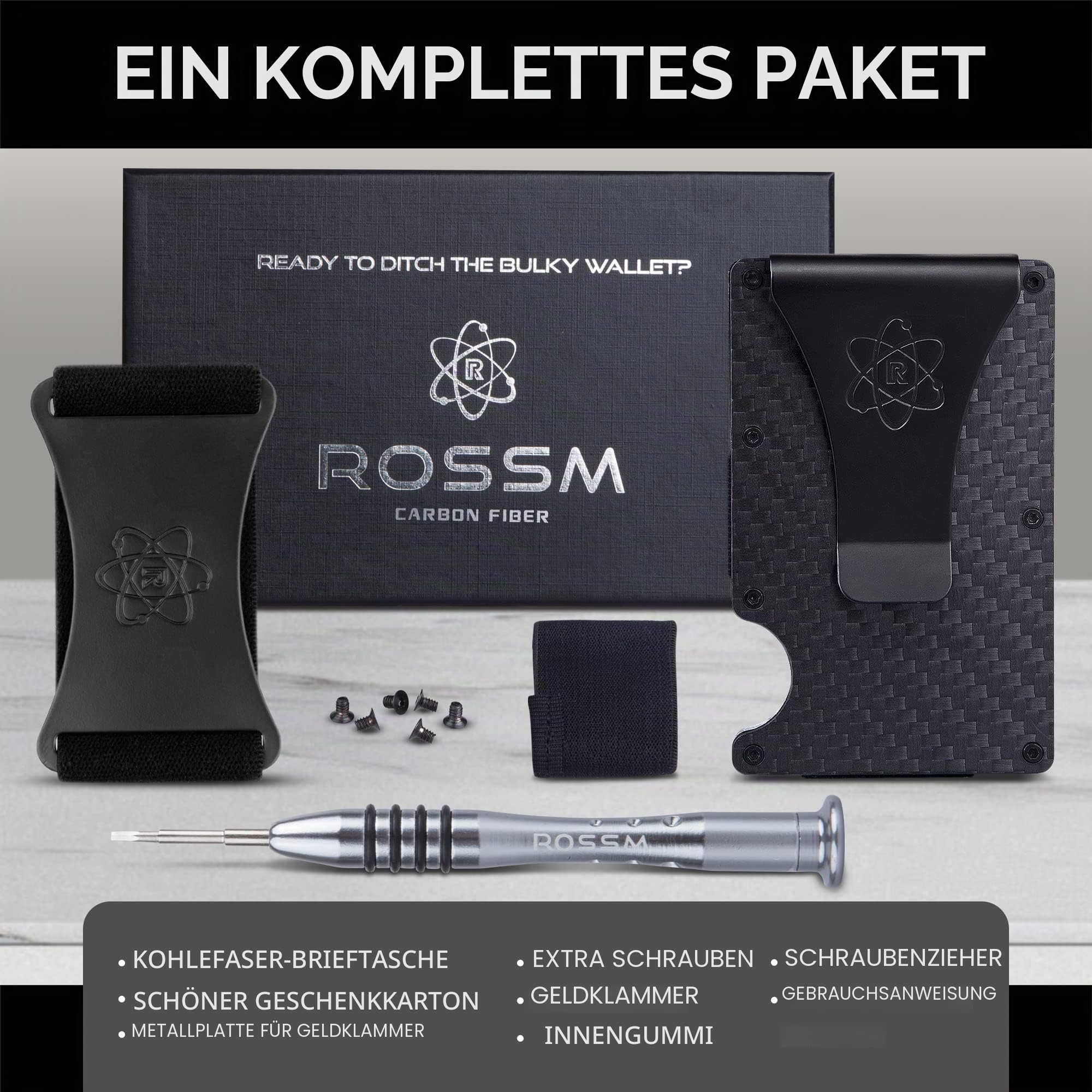 ROSSM Geldbörse Herren mit RFID-Schutz - Kartenetui Herren aus Kohlefaser und Metall mit Geldklammer und Gummiband - RFID Geldbeutel Herren- Slim Wallet for Men