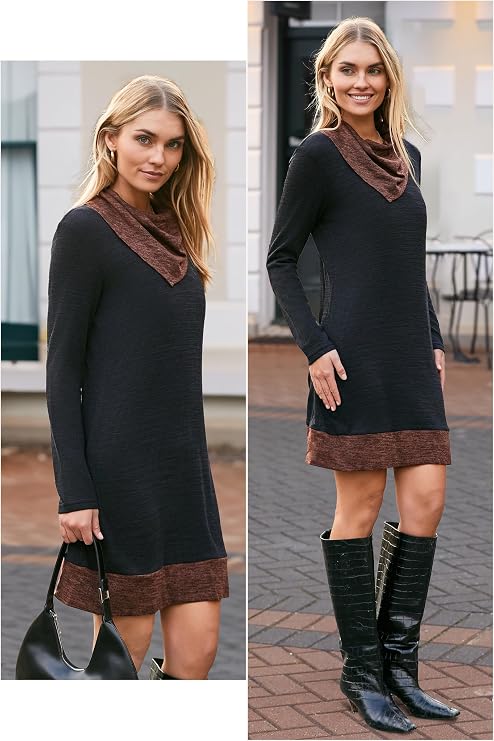 STYLEWORD Women's 2026 Winter Dress Tunic Tops for Leggings Long Sleeve Sweater Cowl Neck Fashion Shirt Dress