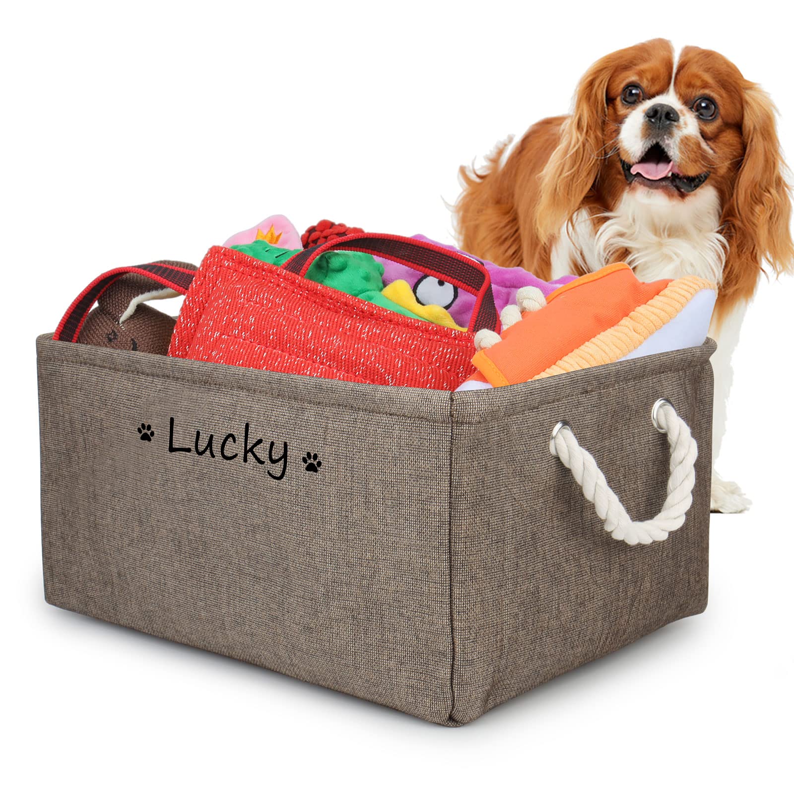 Cuperay Dog Toy Box Basket Storage with Personalized Pet's Name, Foldable puppy toy Bin with Cotton Handle, for Organizing Dog Toys,Dog Clothing & Accessories,Multiple Custom Patterns Optional(Brown)