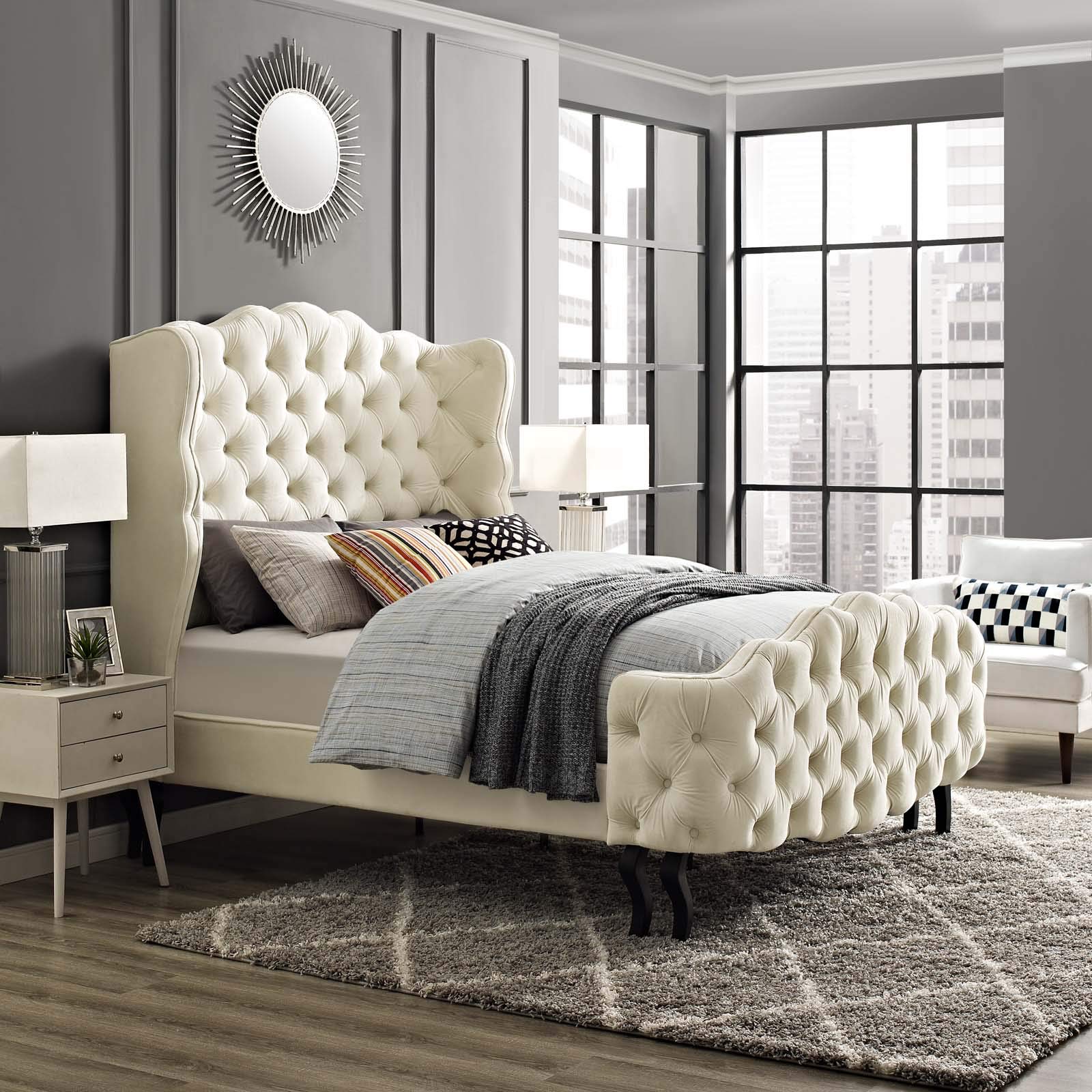 Modway Violette Performance Velvet Tufted Wingback Queen Platform Bed in Ivory