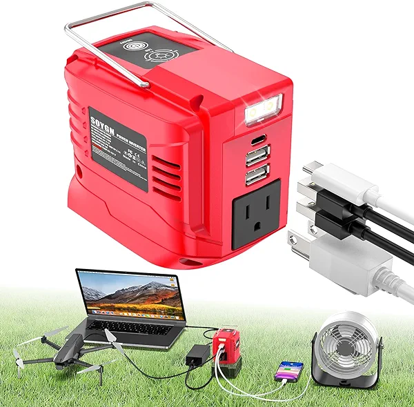 200W Power Inverter Compatible with Milwaukee 18V Battery, DC 18V to AC 110V Portable Power Station with 1 AC Outlet, 2 USB Ports & 1 Type-C Fast Charging, 200LM LED Work Light
