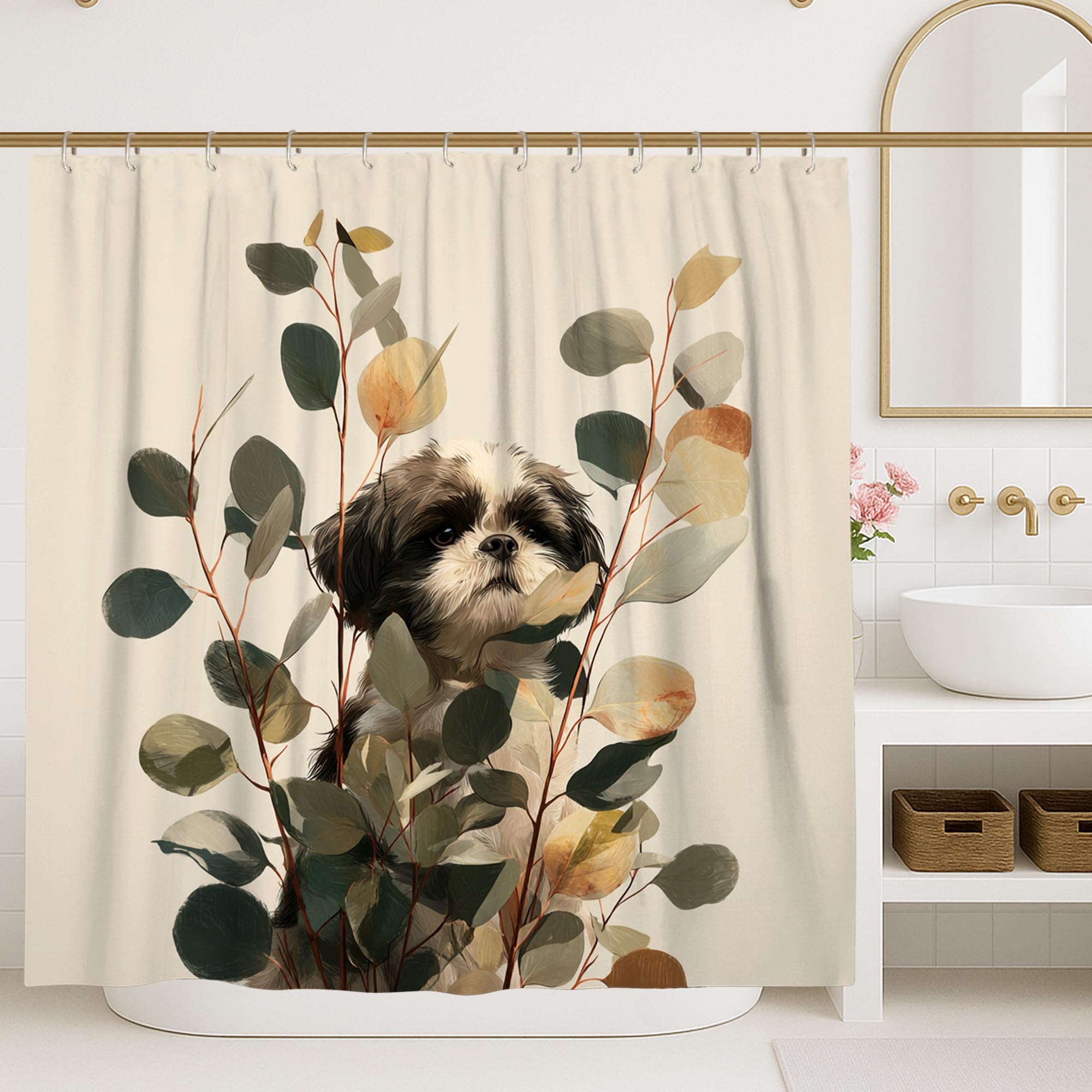 Dog Shower Curtain, Artistic Shih Tzu Dog in Leaves Bathroom Decor, Autumn Modern Nature Inspired Waterproof Fabric Shower Curtain for Animal Lovers 62x72 Inch