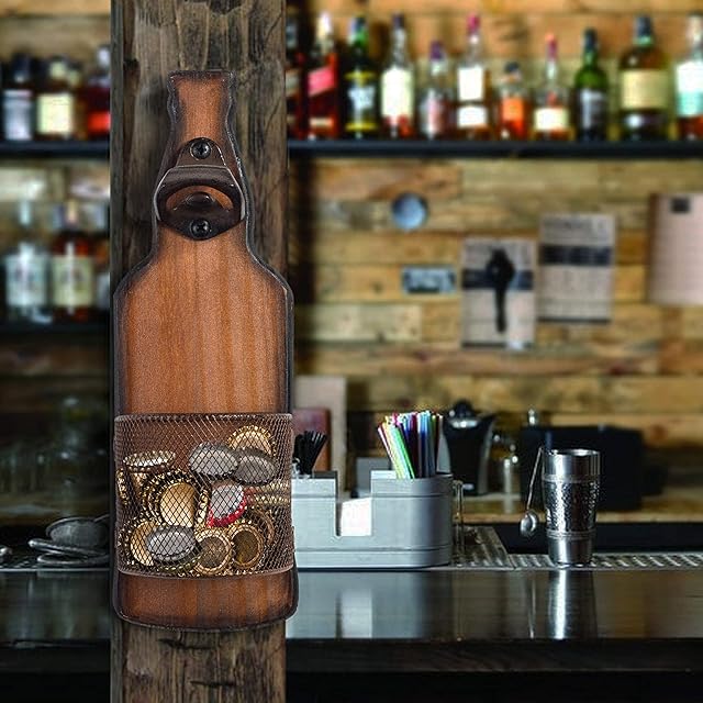 AHDECOR Vintage Wooden Wall Mounted Bottle Opener with Cap Catcher for Beer Lovers,Great Gift for Festival Bars and Friends8.5 x 6X 26cm