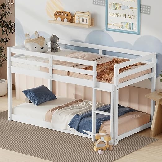 LUMISOL Twin Over Twin Low Bunk Bed, Wooden Floor Bunk Bed