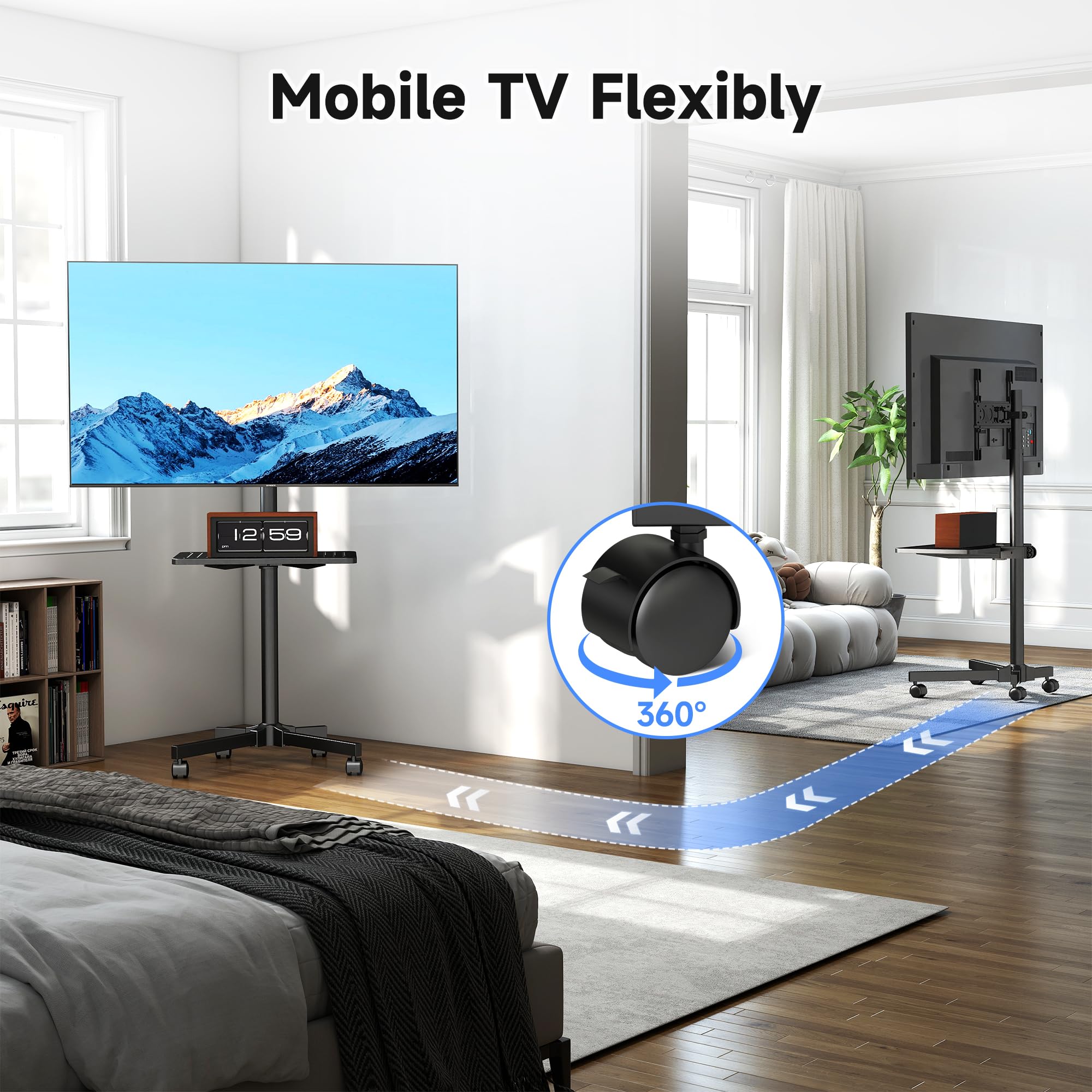 XINLEI Supporto TV mobile su ruote, carrello TV portatile con ripiano per TV a schermo piatto curvo da 21-60" fino a 35 kg, supporto TV alto regolabile in altezza su rotelle, VESA Max 400x400 mm ML55A