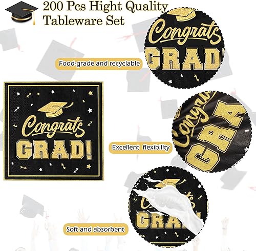 Miniatura 5 de LZPTYYSN Class of 2023 - Platos y servilletas de papel de graduación, 200 piezas de vajilla desechable para 50 invitados, negro y dorado