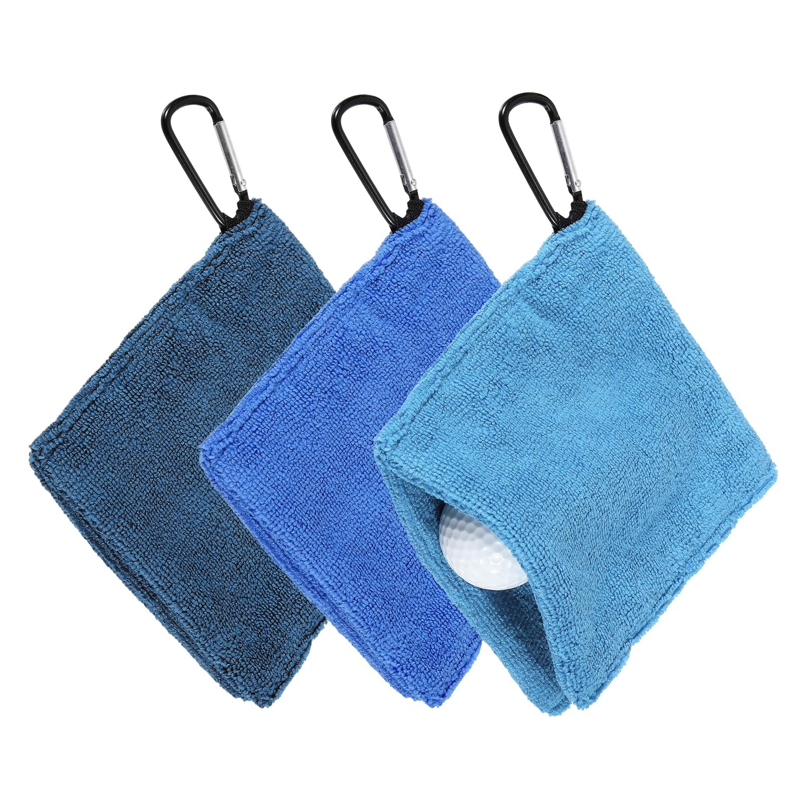 YELARXI Golf Ball Towel, 5.5 x 5.5 Inch Microfiber Small Golf Towel for Pocket with D Clip, 3 Pack & Dark Blue & Blue & Light Blue - Fitting For(Carts/Clubs/Bags/Course Exercise)