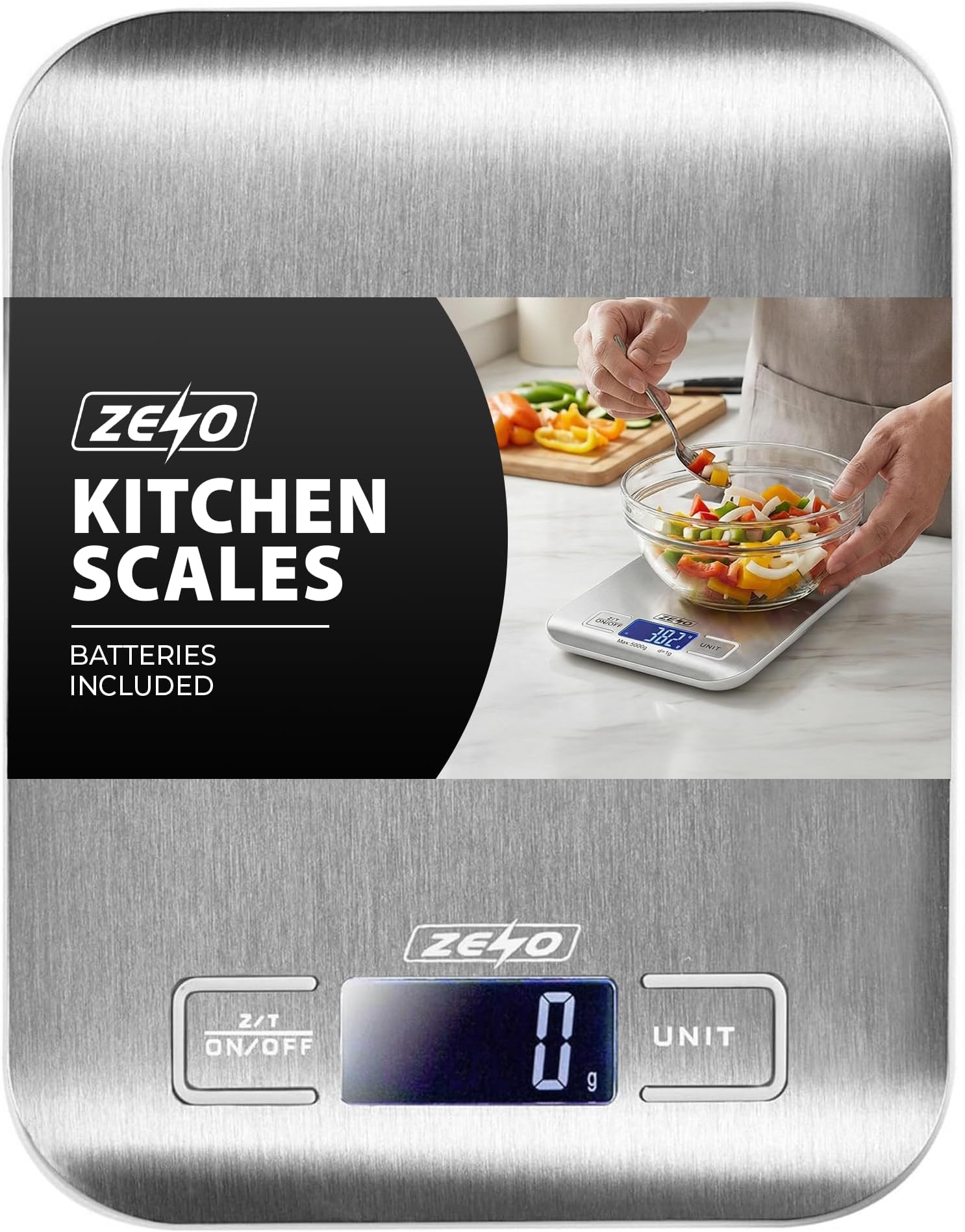 ZENO Kitchen Scales | Digital Food Scales | 1g/5kg Weight Grams and Oz for Baking and Cooking | Stainless Steel Professional Scale | Ideal for Calorie Counting | Electronic Scales with LCD Display