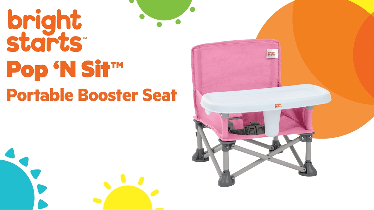 Bright Starts Pop 'N Sit Portable Booster, Indoor/Outdoor Use, Floor Seat with Feeding Tray, Pink, 6 Mos