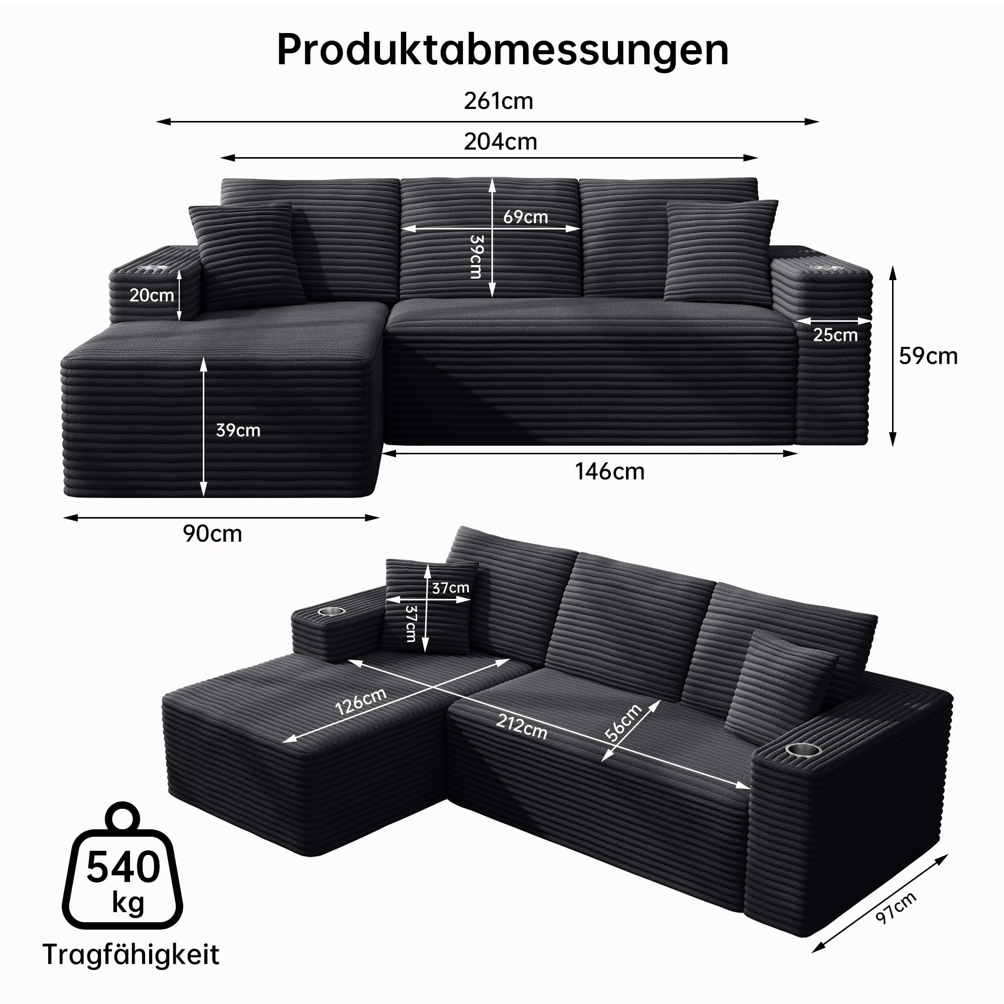 Modulares Sofa 261cm/102” Ecksofa mit Schlaffunktion, L-Form rahmenloses Sofa mit Chaiselongue, Cloud Couch 3 sitzer mit 2 Getränkehaltern, Schaumstoff Sofas für Wohnzimmer, Schwarz