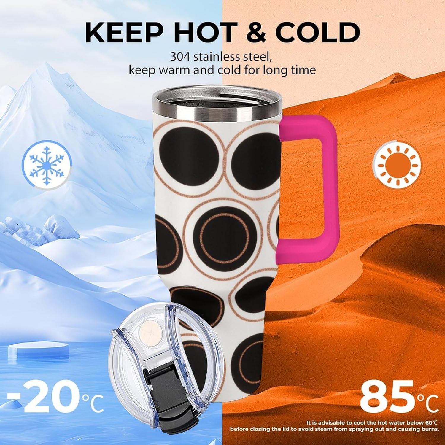 40 Oz Insulated Mug with Handle Lid And Straw Retro Copper-colored Circles Pattern Large Metal Sports Bottle Great for Gifts Parties Office Coffee