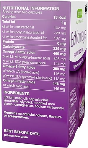 Miniatura 8 de Echiomega Vegan Triple Omega 3 6 9 500 mg, aceite de semilla de Echium, suplemento EFA para mujeres con GLA, 60 cápsulas blandas