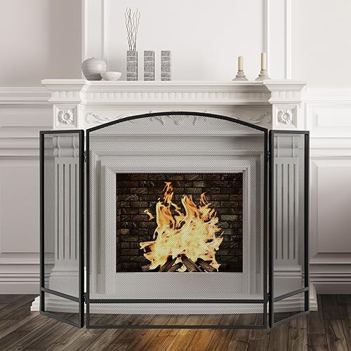 Miniatura 2 de COSTWAY Pantalla de chimenea de 3 paneles de 48.5 pulgadas de ancho x 29 pulgadas de alto, moderna protección de metal plegable con hierro forjado,