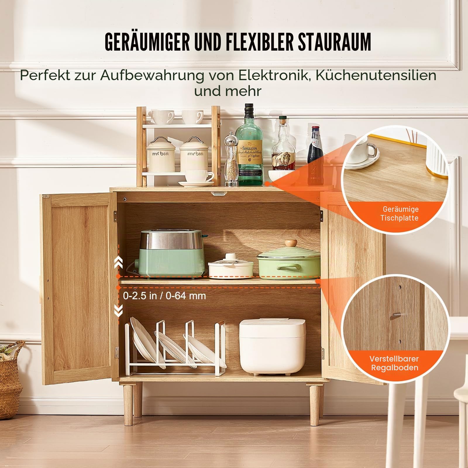 VEVOR Rattanschrank Rattankommode Aufbewahrungsschrank mit 2 magnetischen Türen & verstellbaren Regalen & Griffen, Sideboard-Buffetschrank für Flur Eingangsbereich Wohnzimmer Küche Flur