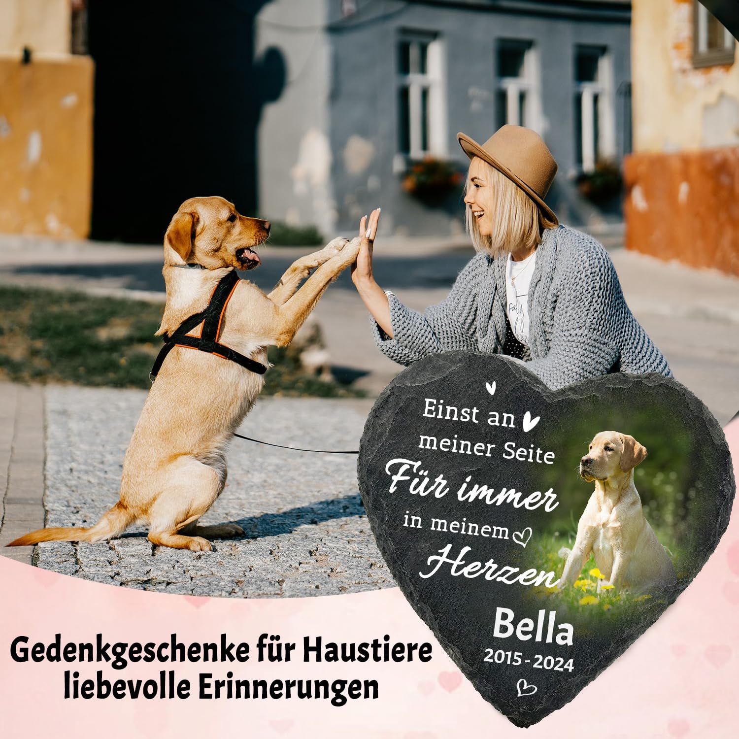 Personalisierter Gedenkstein für Haustiere, herzförmige Plakette mit Foto, Geschenke zum Verlust von Hunden/Katzen – Name, Datum