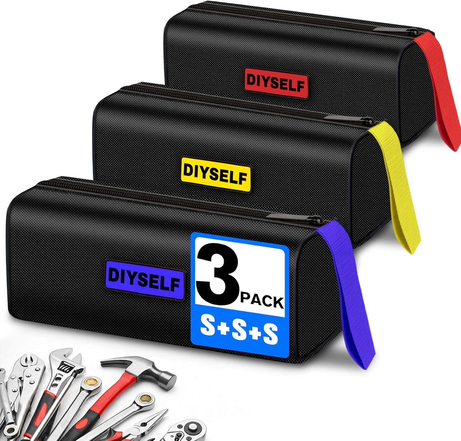 DIYSELF 3 Pack Small Tool Bag, 9.5" Portable Tool Bags for Men, Heavy Duty Storage Toolbag with Loop, Soft Waterproof Wide Mouth Utility Bag for Mechanics, Car, Tools, Mens Gifts for Husband, Dad, Him