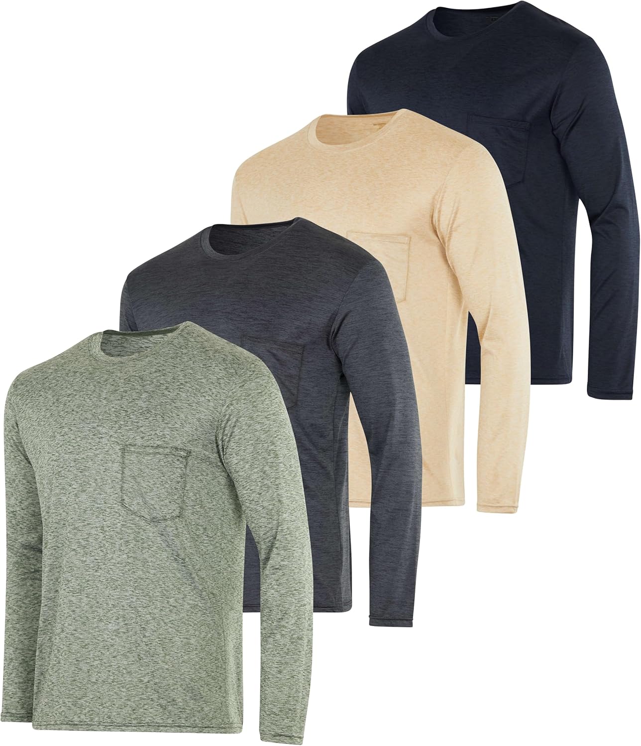 Real Essentials 4 Pack: Men's Dry-Fit Active Athletic Long Sleeve Pocket Crew T-Shirt Outdoors UPF 50 (S-5XLT)