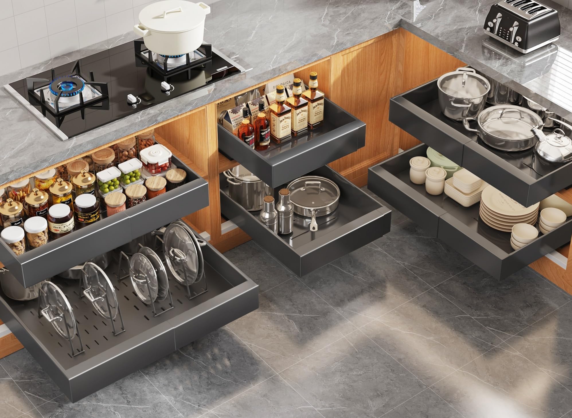 Seinloes 6Pack Expandable Pull Out Cabinet Organizer 21"Deep with Raising Pad for Framed Cabinets,Slide Out Drawers with 4pcs Divider Racks,Roll Out Shelves Adhesive,Adjustable Width 12.05"-20.4"Black