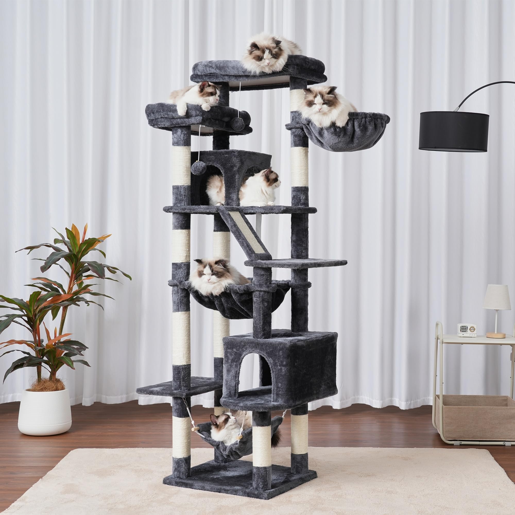 Heybly Albero Per Gatti, Torre 180 cm, 2 Piattaforme, 2 Capanne, 2 Amache, Pannello Per Sgualabocche. Grande Mobile Per Gatti Con Spazio Dormire, Grigio Fumo HCT034G