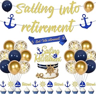 Sailing Into Retirement Decorations Set Nautical Retirement Party Theme Banner Navy Sailor Theme Cake Toppers Ballons for Sailor Men Happy Retirement Officially Retired Party Supplies