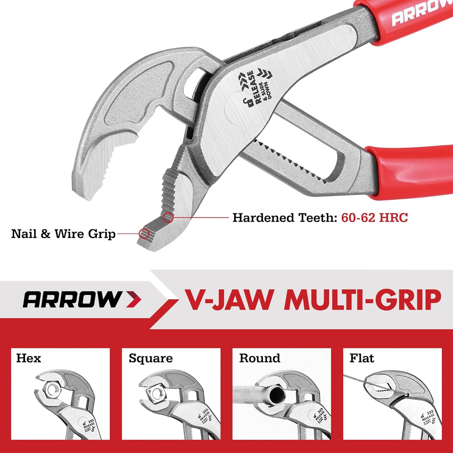 Arrow 3-Piece V-Jaw Groove Joint Pliers Set (8", 10", 12"), Quick Adjustable Water Pump Pliers with 18 Positions, CR-V Steel, for Plumbing, Automotive, Mechanical Repair and Household Use