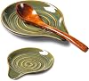 Large Spoon Rest for Stove Top, 6 Ceramic Spoon Holder for Kitchen Countertop, Coffee Spoon Rest, Cooking Spatula Holder for Spoons, Ladles or Tongs, Gift Green（No spoon included