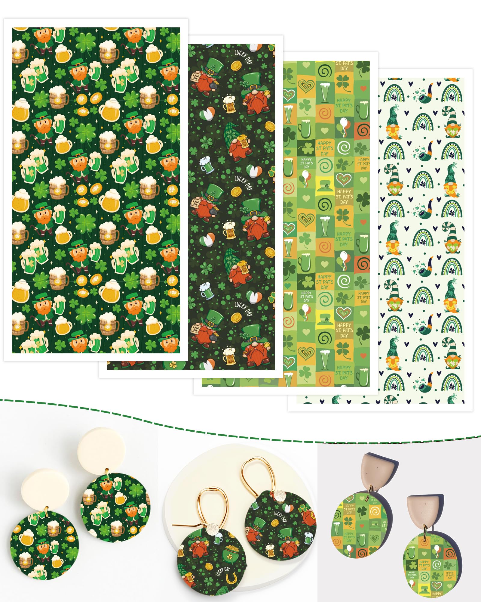 Puocaon St Patrick Day Transfer Paper - 20 Pcs Green Gnome Polymer Clay Transfer Paper, Lucky Clover Hat Pipe Transfer Paper for Polymer Clay, Beers Clay Transfer Sheets for Clay Earrings Making