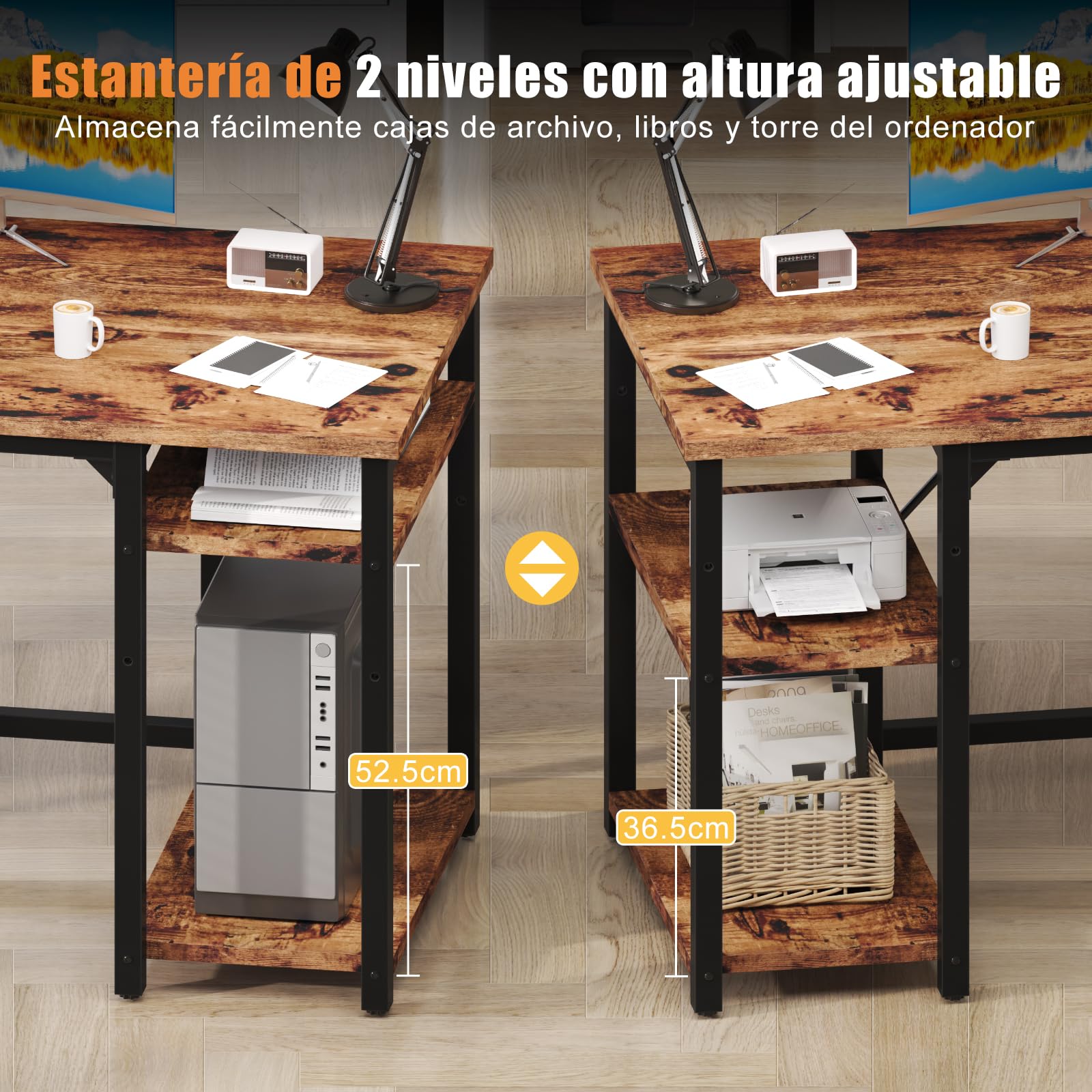 Airfish Mesa Escritorio, Escritorio Ordenador con Estanteria, Mesa de Juego, 120x50x75cm, con Estante Organizador, Gancho para Auriculares, para Oficina, Dormitorio, Sala de Estudio Marrón