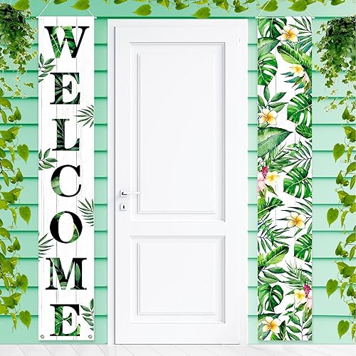 Rumia Tropical Luau - Cartel de bienvenida con diseño de hojas verdes, poliéster, resistente a desgarros, montaje en poste, decoraciones al aire