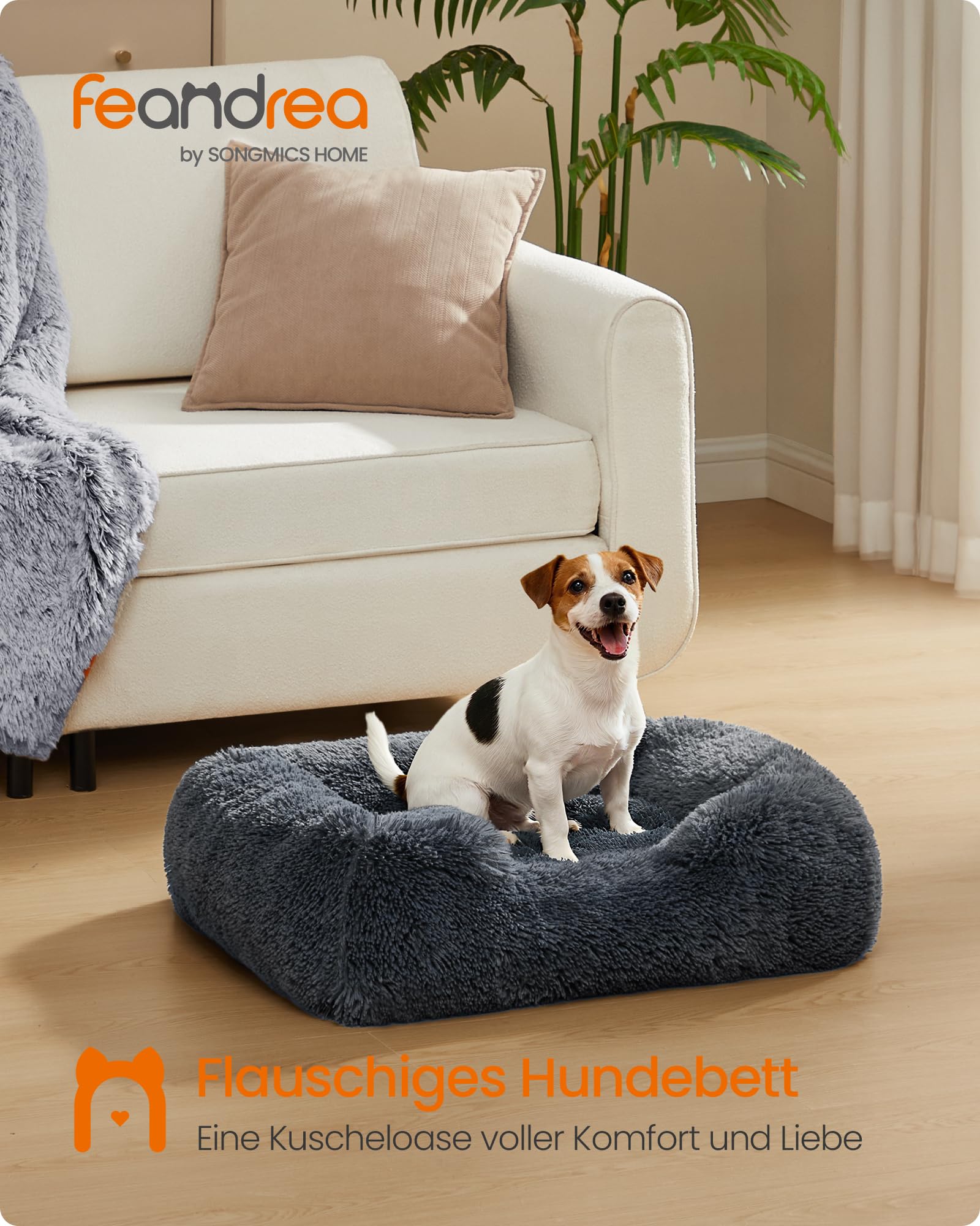 Feandrea Hundebett, mittelgroßes Hundekissen, 71 x 55 x 18 cm, Hundekorb, weiche Polsterung, Hundesofa, erhöhte Ränder, Bezug abnehmbar und waschbar, rutschfest, Dunkelgrau PGW271GR01