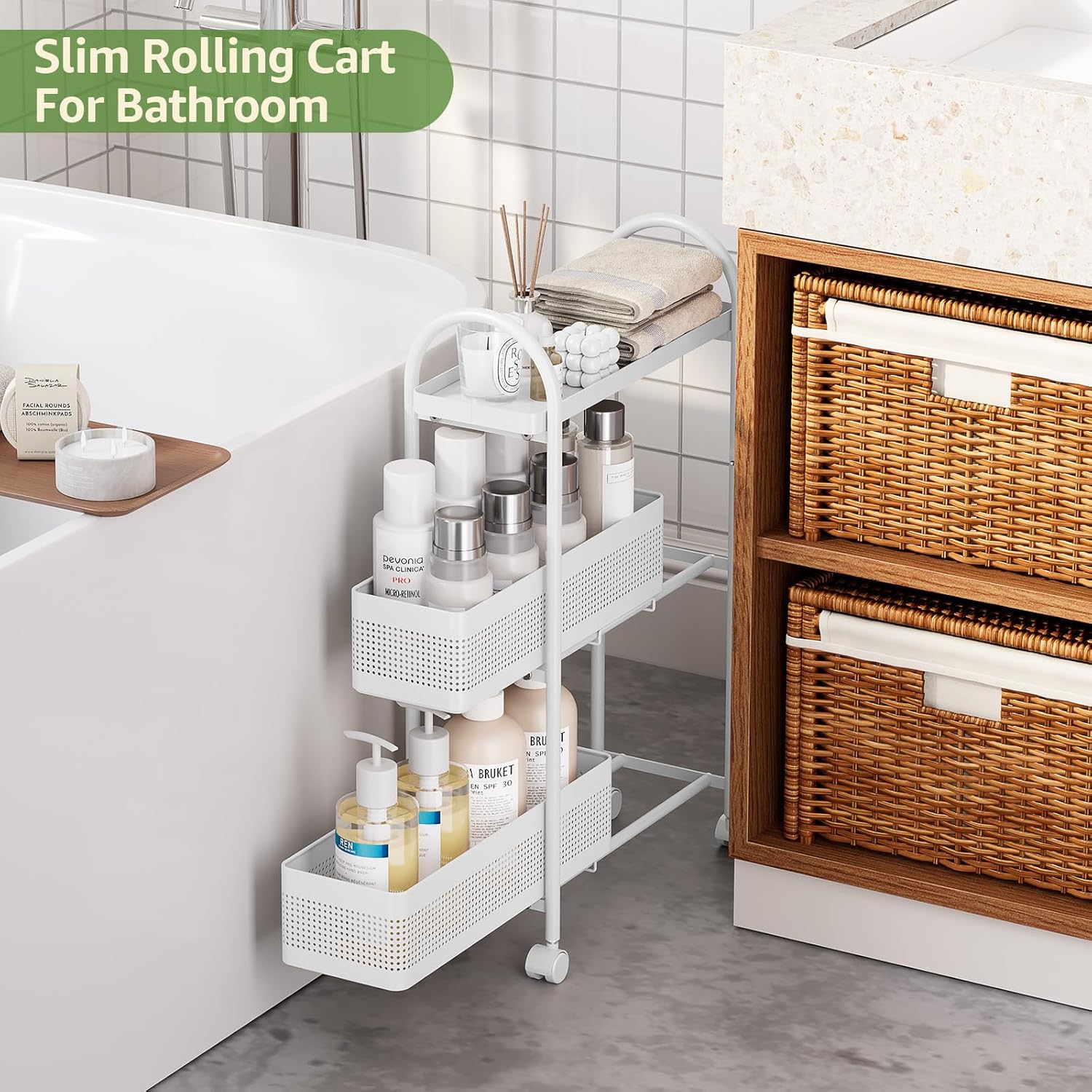 KINGRACK 3-Tier Slim Storage Cart with Pull Out Basket, Rolling Bathroom Organizer Utility, Metal Shelving Unit Slide Out, Lockable Wheels, Easy Assembly for Narrow Place, Kitchen, Laundry Room, White