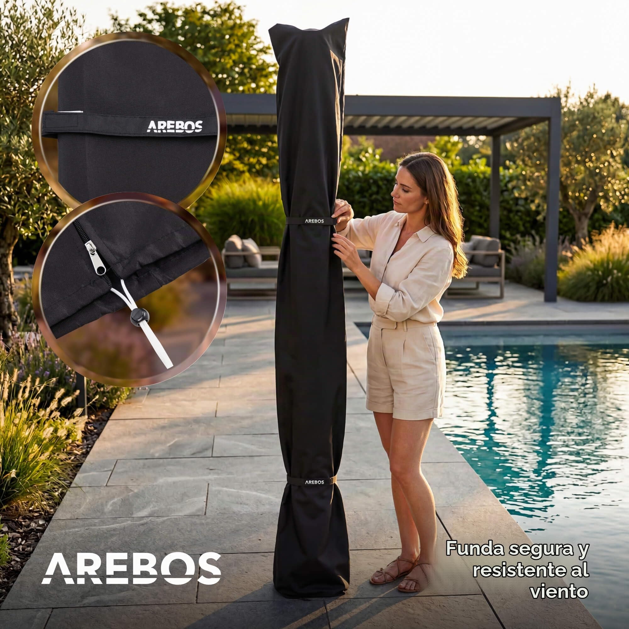 Arebos Ducha solar 40 L | incl. tapa | con termómetro integrado | Negra | cabezal de ducha giratorio | cabezal de ducha móvil | con ducha de pie y conexión para manguera de jardín