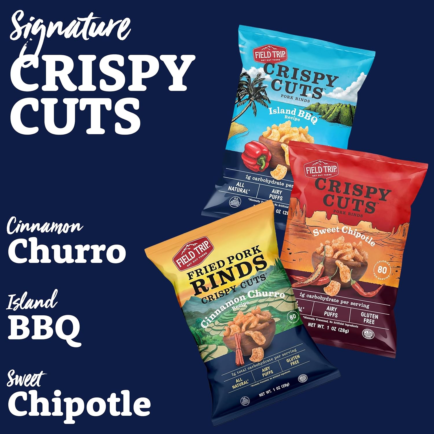 Field Trip Gluten Free Pork Rinds, Paleo and Keto Friendly Airy Puffs, Crunchy High Protein Snacks, Low Carb Snack from Back Pork Skins, 1oz Bag, 6 Pack, Island BBQ