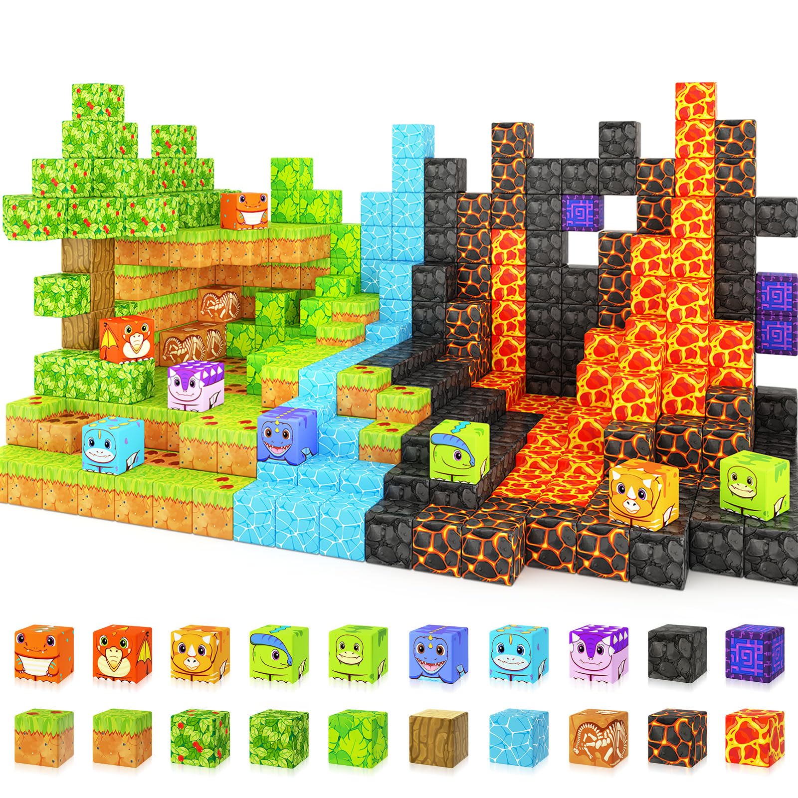 Bloques magnéticos de juguetes de dinosaurio, juego de aventuras de dinosaurios con imán de minas, bloques de construcción magnéticos para niños y niñas de 3 años en adelante, escenas jurásicas