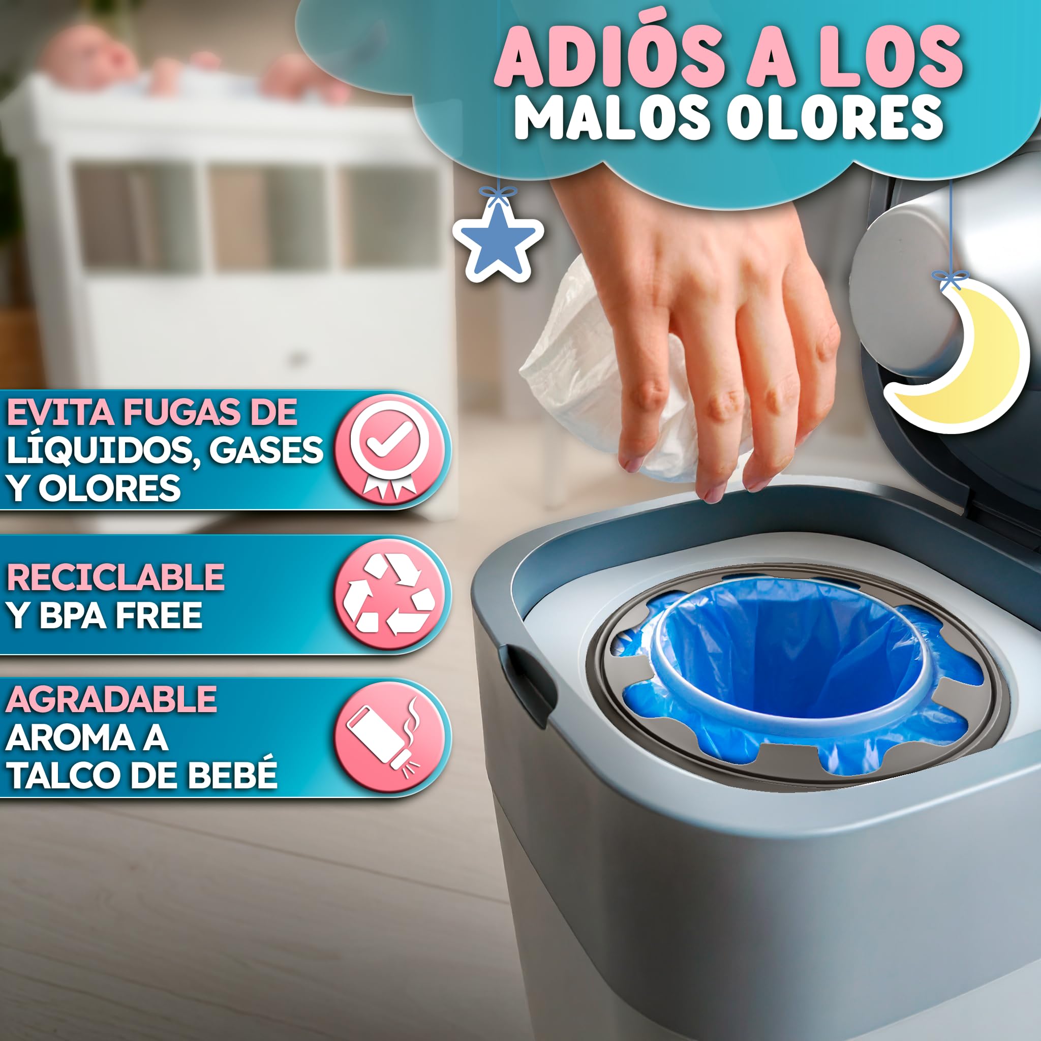 Pack 12 Recambios Papelera Pañales XL – 6 Metros por Unidad (72M Totales) – Aroma Talco Bebé – Bolsa Pañales Compatible Tommee Tipee Twist & Click, Simplee Sangenic, Sangenic Tec