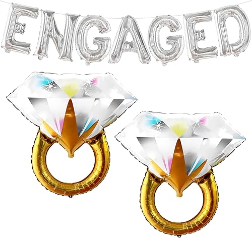 KatchOn, Letras de globos de compromiso plateados, paquete de 3, globos de compromiso plateados, globos de diamantes, bonito globo de anillo de