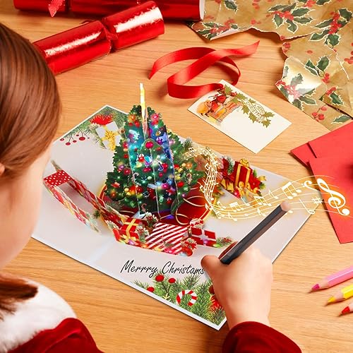 Miniatura 31 de LIGHTS MUSIC - Tarjeta de Navidad emergente 3D con fuegos artificiales, hechas a mano, regalos para madre, padre, hermana con Papá Noel, muñeco