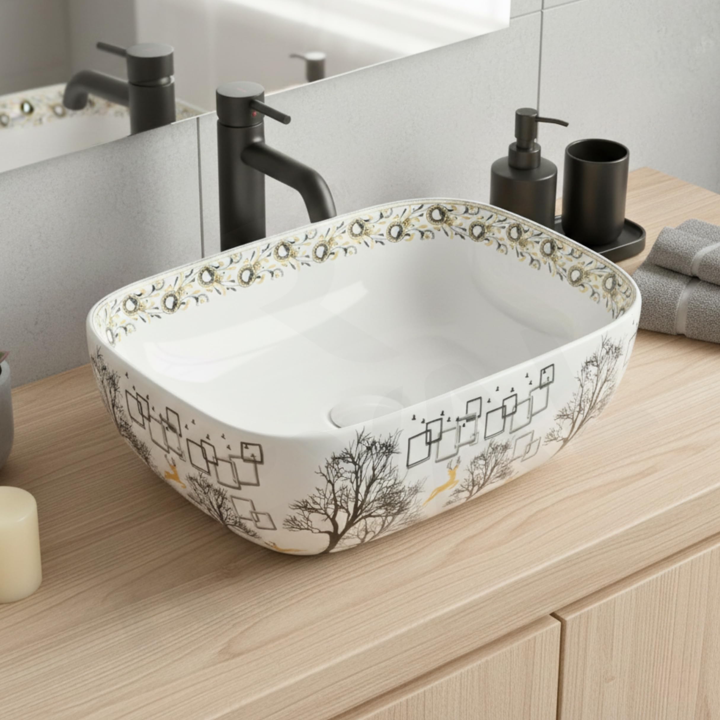Reyal Ceramic Wash Basin - Modern Vessel Sink -16