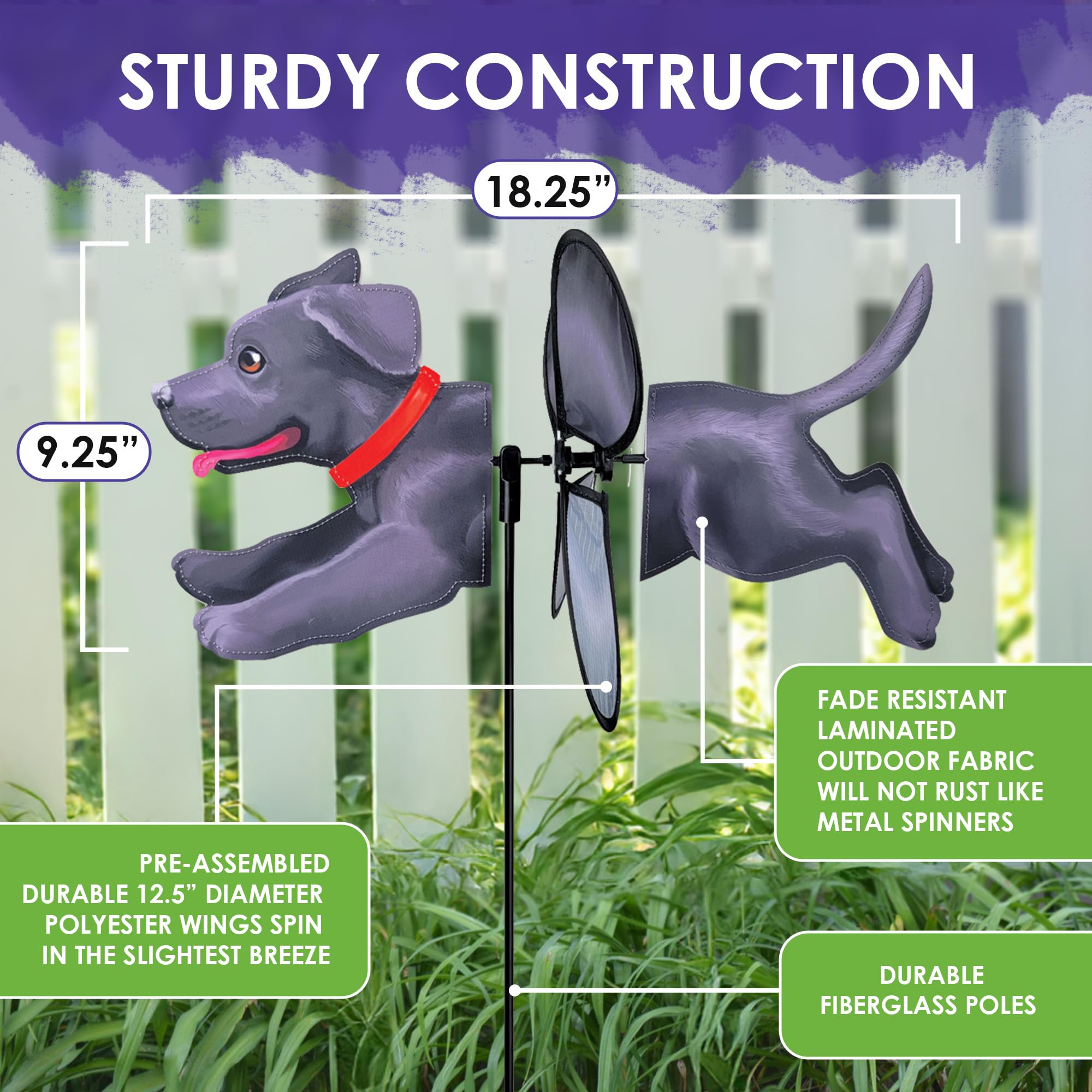 Premier Kites Petite Spinner Black Lab - Skurriles Windspiel für Hof & Garten, strapazierfähiges, wetterbeständiges Gewebe, einfach zu montieren, Outdoor-Dekor für Terrassen, Rasen und mehr